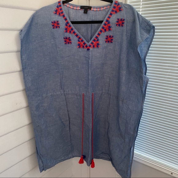 J.Crew Chambray Linen Cotton Blend Embroidered Beach Cover Up - Picture 2 of 11